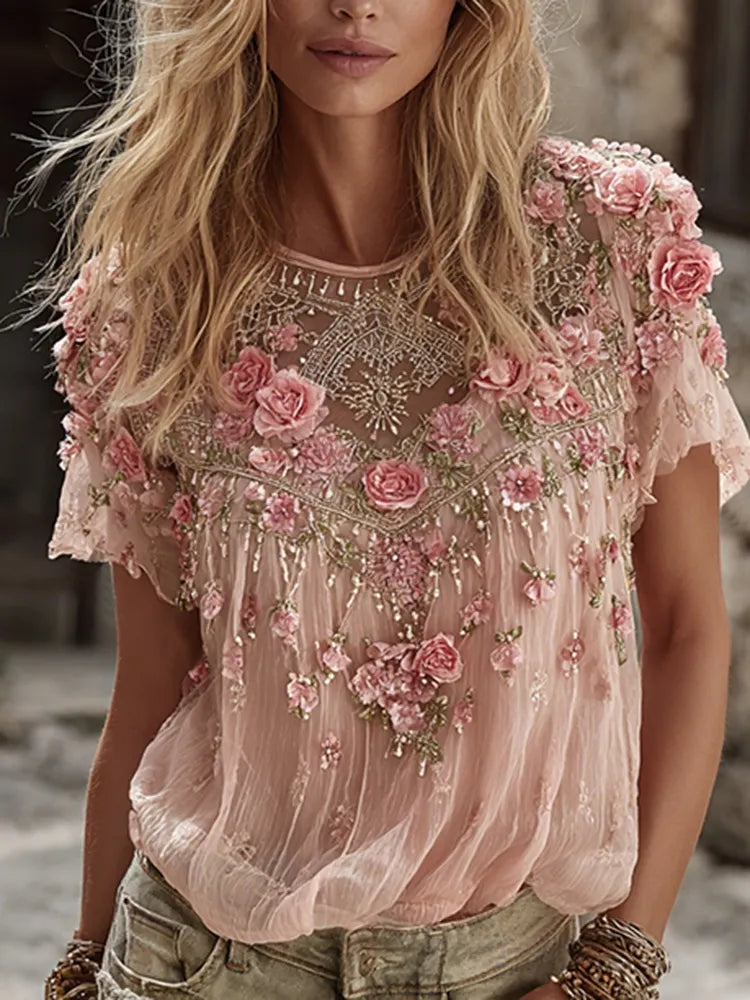 Women's Spring Floral Embroidered Art Flowy Linen Blend Short Sleeve Casual Tops