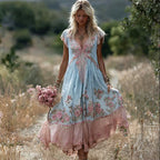 Boho Pink Floral Embroidered Lace Trim Flowy Linen Maxi Dress