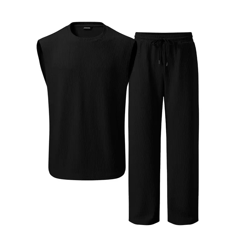 📦📦Mens 2 Piece Rib Knit Sweatsuit Tank Top Baggy Wide Leg Pants Set Vacation Beach Outfit for Men