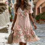 Women's Vintage Pink Flower Embroidery Art V Neck Short Sleeve Midi Dress