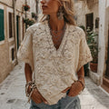 Women's Vintage Floral Art Print V Neck Short Sleeve Comfy Tops