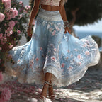 Women's Greece Vacation Greek Key With Floral Art Linen Blend Casual Skirt