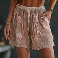 Women's Romantic Rose Embroidered Art Flowy Linen Blend Shorts