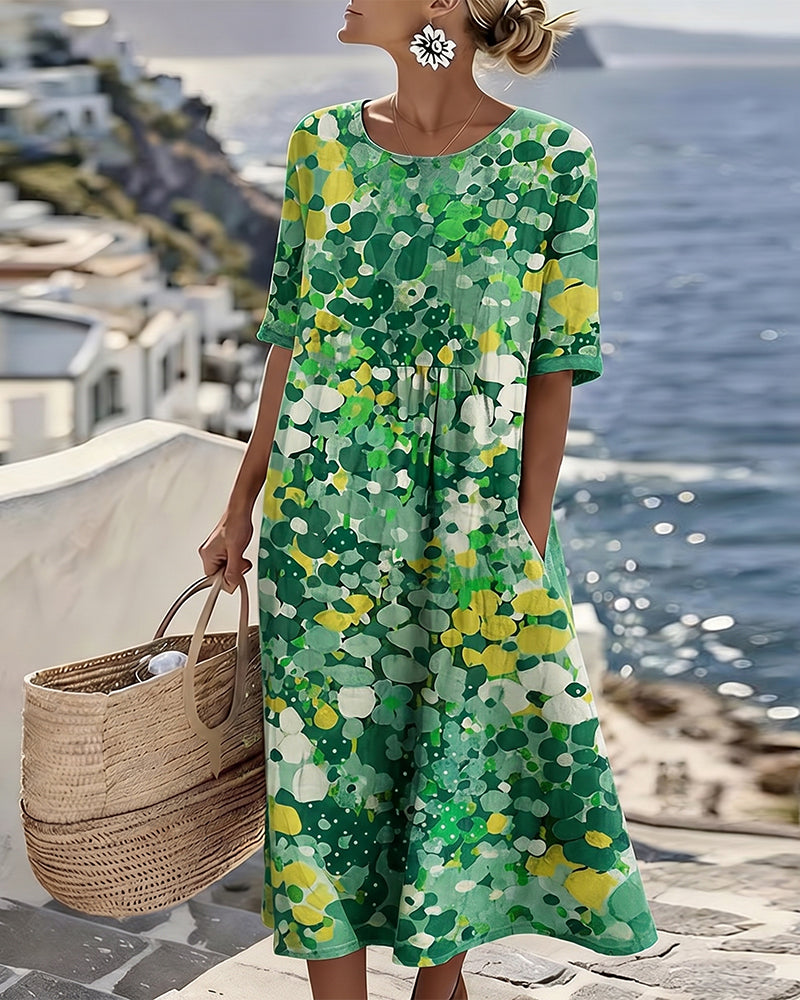 ✨⏰Robe Midi Femme Coton Lin Imprimé Floral Abstrait Poches Manches Courtes