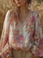 Bohemian Retro Countryside Style Plant Flower Design Cotton And Linen Women's Long-sleeve Shirt