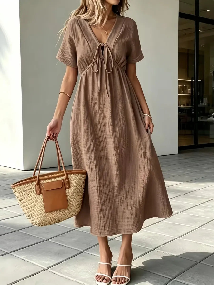 ✨⏰Women'S V-Neck Loose-Fitting Comfortable Long Solid Color Short-Sleeved Dress