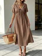 ✨⏰Women'S V-Neck Loose-Fitting Comfortable Long Solid Color Short-Sleeved Dress