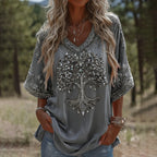 Women's Retro Viking Tree Of Life Sequins Art Linen T-shirt