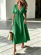 ✨⏰Women'S V-Neck Loose-Fitting Comfortable Long Solid Color Short-Sleeved Dress