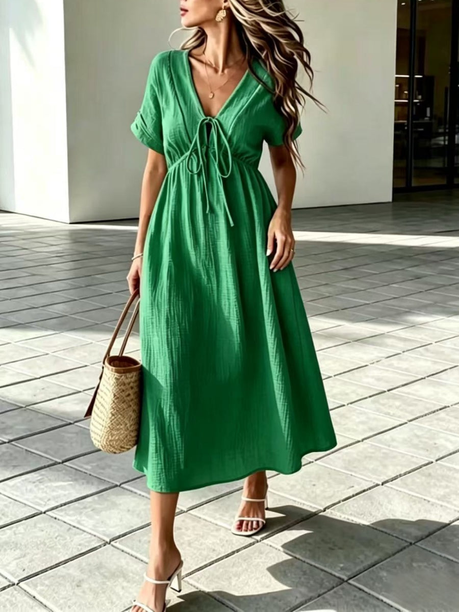 ✨⏰Women'S V-Neck Loose-Fitting Comfortable Long Solid Color Short-Sleeved Dress
