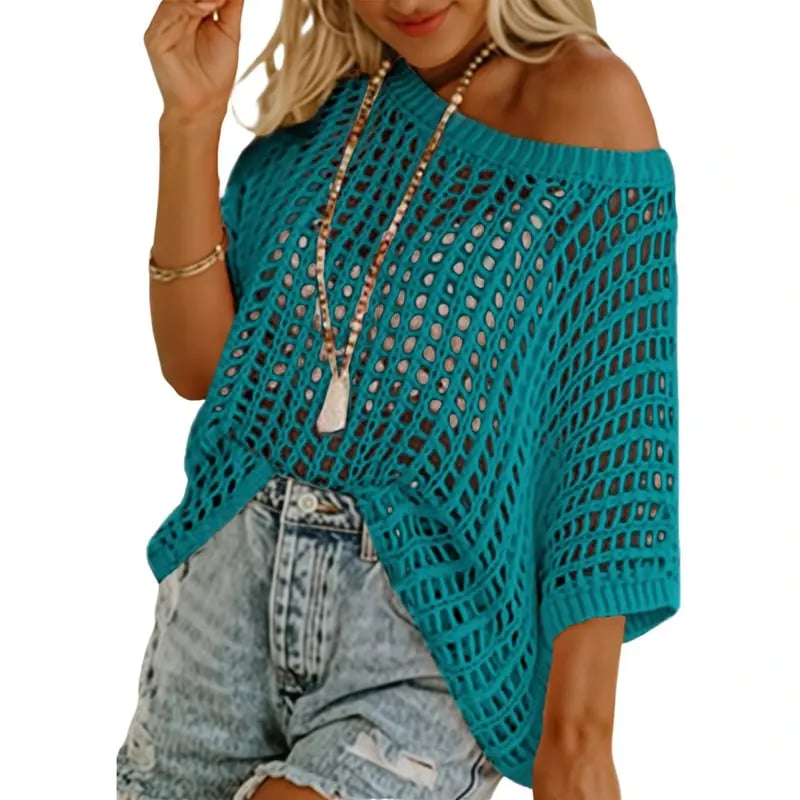 📦📦Short Sleeve Crochet Sweater Lightweight Summer Tops Loose Hollow Out Crewneck Pullover