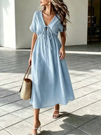 ✨⏰Women'S V-Neck Loose-Fitting Comfortable Long Solid Color Short-Sleeved Dress