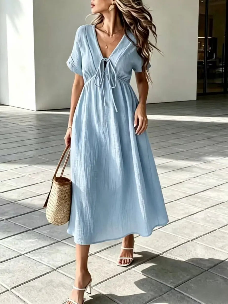 ✨⏰Women'S V-Neck Loose-Fitting Comfortable Long Solid Color Short-Sleeved Dress