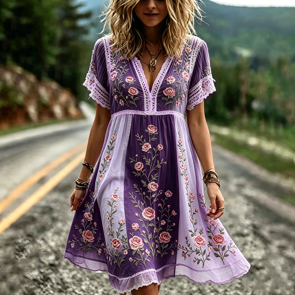 Women's Pink Rose Art Embroidery Striped Textured Cotton Linen V-neck Short Sleeve Playful Dress