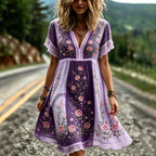 Women's Pink Rose Art Embroidery Striped Textured Cotton Linen V-neck Short Sleeve Playful Dress