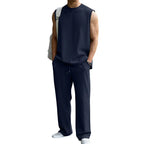 📦📦Mens 2 Piece Rib Knit Sweatsuit Tank Top Baggy Wide Leg Pants Set Vacation Beach Outfit for Men