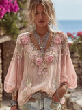 Vintage Boho Pink Roses Embroidered Comfy Linen T Shirt
