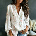 Women's Pink Floral Art Embroidery Spliced Striped Comfortable Cotton Linen V-neck Long Sleeve Top