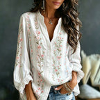Women's Pink Floral Art Embroidery Spliced Striped Comfortable Cotton Linen V-neck Long Sleeve Top
