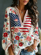 Vintage Floral Flag Art Cotton Linen V-neck Long Sleeve Top