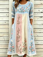 Women's Retro Floral Art Embroidered Patchwork Linen Blend Short Sleeve Dress