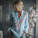 Women's Vintage Flowers Embroidered Linen Long Sleeve Shirt