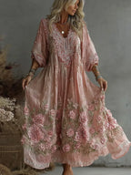 Women's Retro Floral Art Flowy Linen Blend Casual Long Sleeve Maxi Dress