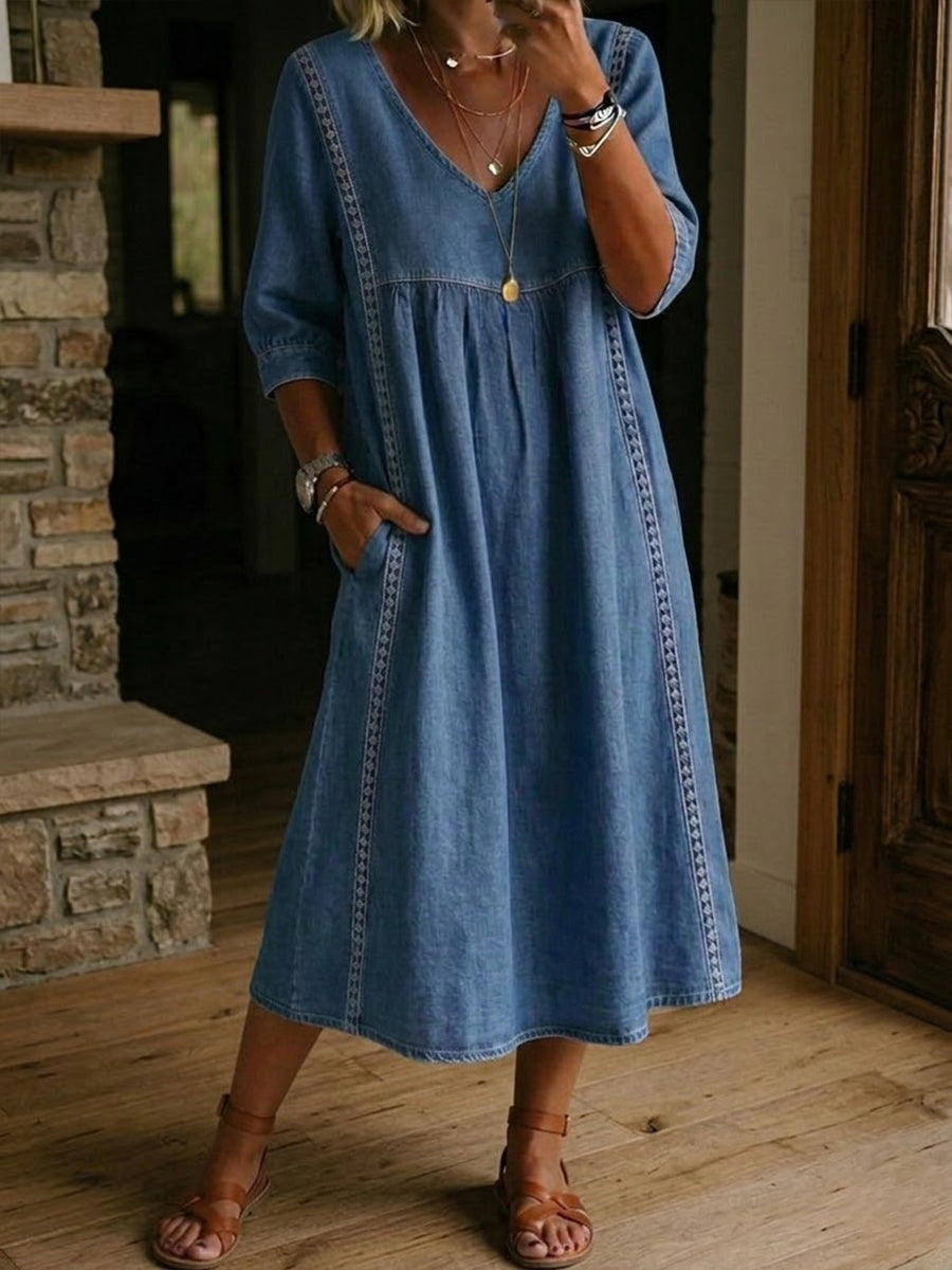 📦📦Casual Loose-fitting Patchwork Lace Trim Linen And Cotton Dress