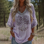Women's Retro Viking Tree Of Life Sequins Art Linen T-shirt
