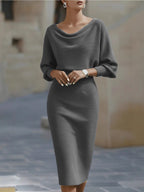 Elegant Temperament Fashionable Bat Sleeve Pure Color Waist-cinching Dress