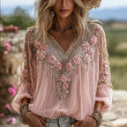 Women's Vintage Pink Rose Embroidery Linen Blend Long-sleeve T-shirt