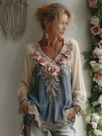 Women's Vintage Pink Rose Embroidery V Neck Long Sleeve T-shirt