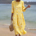 Women's Floral Print Round Neck Linen Blend Casual Midi Dress