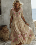 Women's Floral Art Print Flowy Linen Blend Casual Short Sleeve Maxi Dress