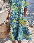 ✨⏰Robe Midi Femme Coton Lin Imprimé Floral Abstrait Poches Manches Courtes