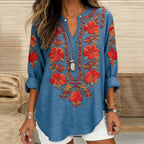 Women's Vintage Hibiscus Embroidered Linen V-neck Shirt