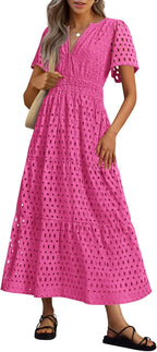 NEW 🔥Womens 2025 Summer Maxi Dress Short Sleeve V Neck Hollow Out Eyelet A Line Dresses