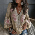 Women's Retro Floral Embroidered Art Print Flowy Linen Blend Casual Tops