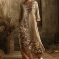 Women's Floral Embroidered Linen Long-sleeved Dress