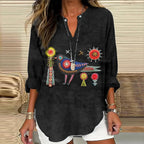 Women's Floral And Bird Embroidery Art Pattern Cotton And Linen V-neck Shirt