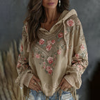 Women's Retro Floral Embroidered Art Print Flowy Linen Blend Casual Hoodie