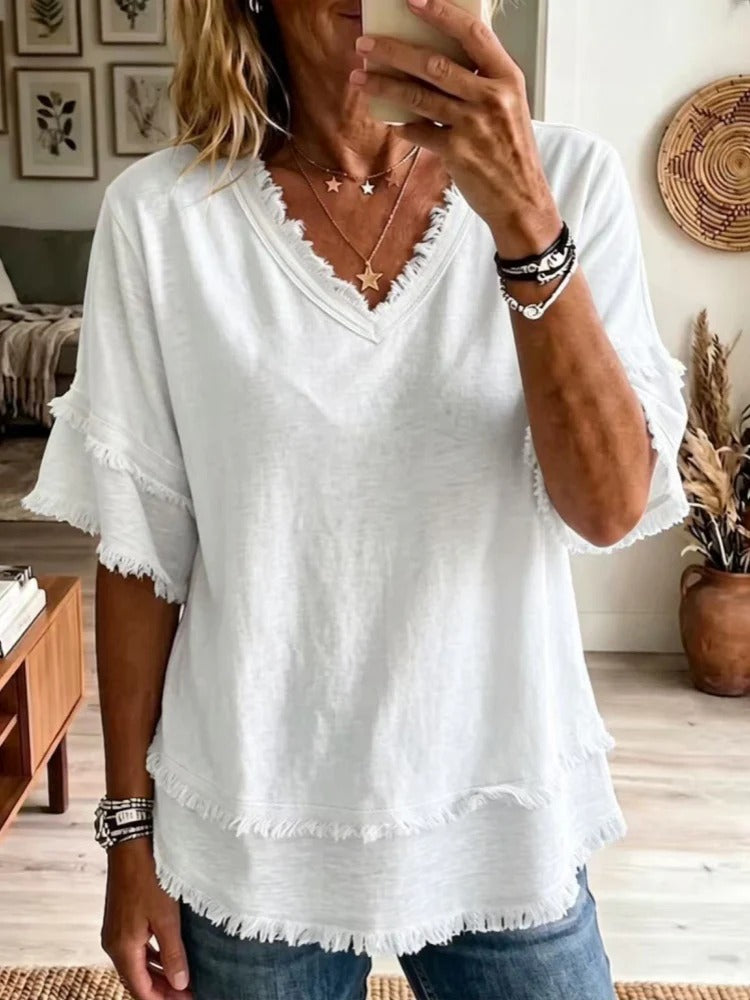 Women's Linen Blend Fringe V-Neck Top