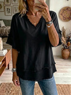 Women's Linen Blend Fringe V-Neck Top