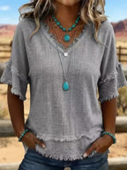 Women's Linen Blend Fringe V-Neck Top