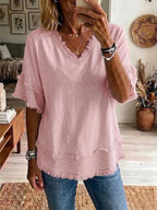 Women's Linen Blend Fringe V-Neck Top