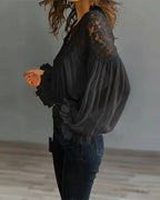 💝💝Lace-trimmed puff-sleeve pleated shirt Lace Patchwork V-Neck Blouse