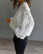 💝💝Lace-trimmed puff-sleeve pleated shirt Lace Patchwork V-Neck Blouse