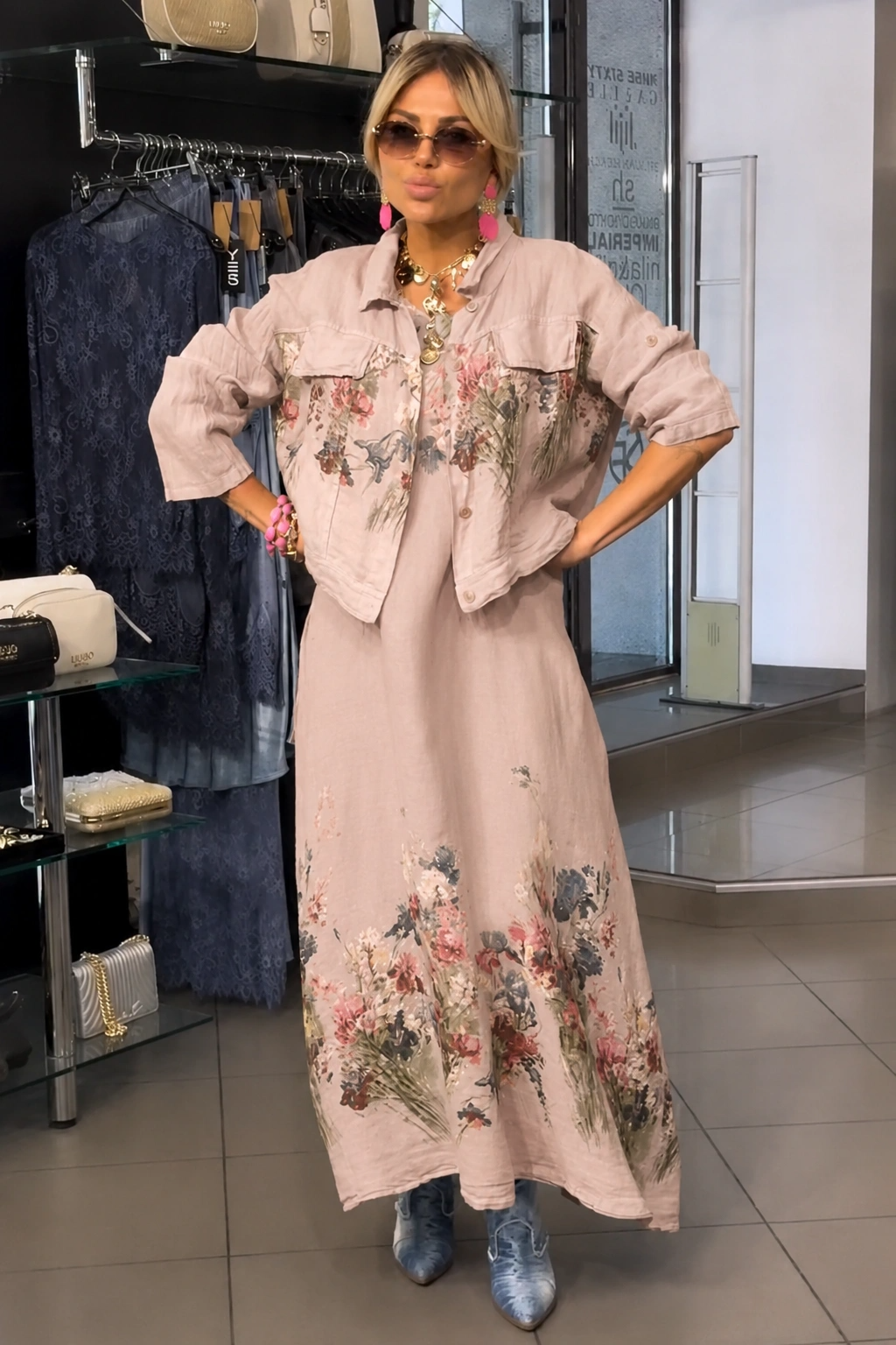💝💝Floral Meadow Linen-Blend Maxi Dress & Cropped Shirt Set