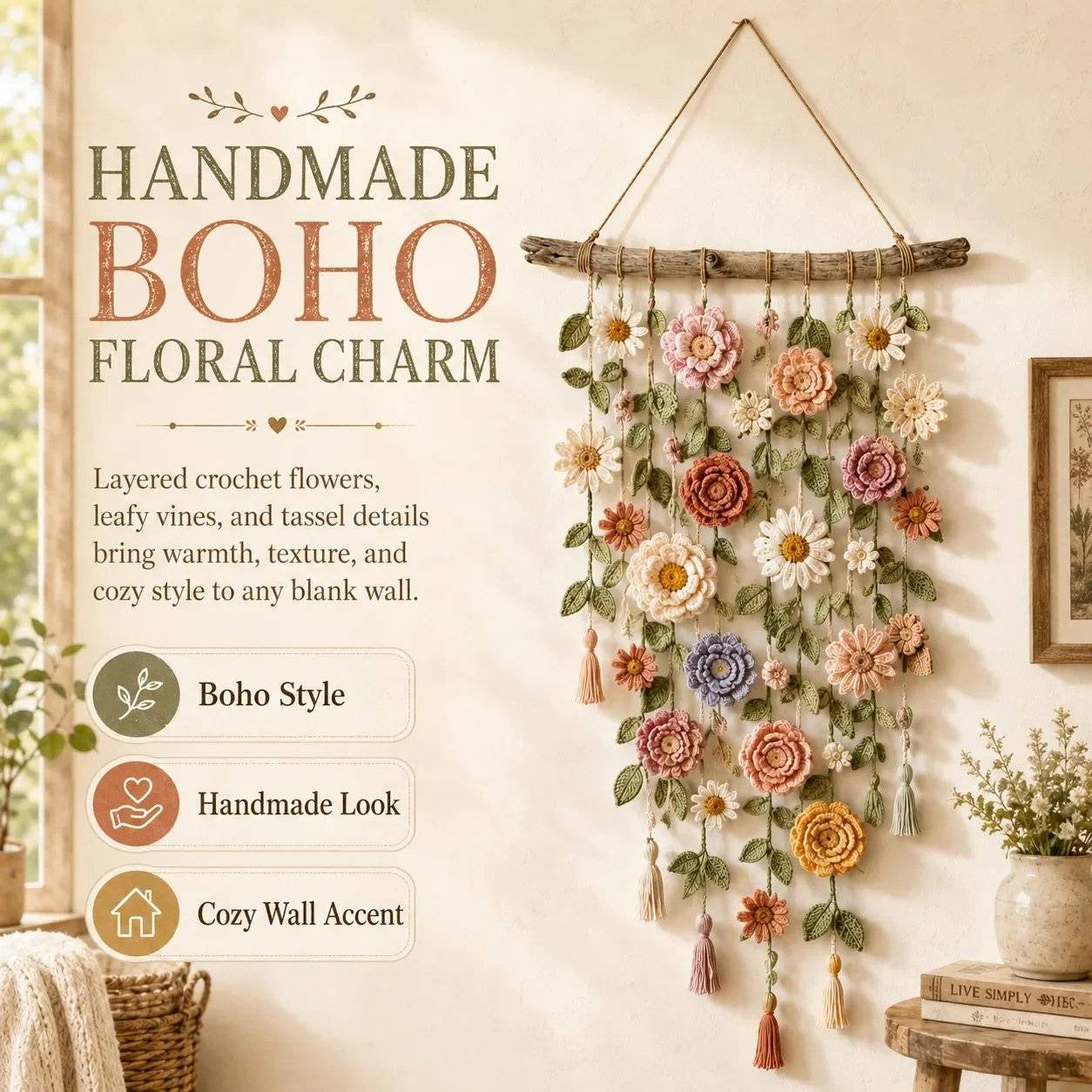 💝💝Bohemian style crochet flower wall hanging decoration