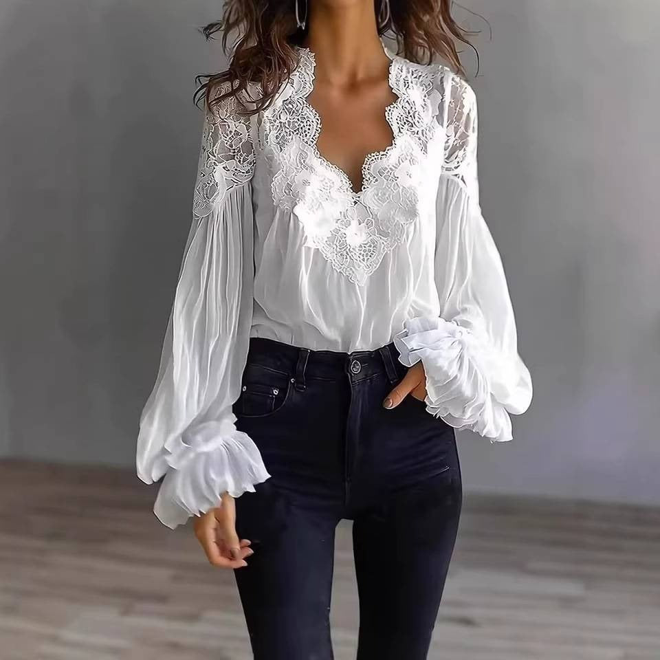 💝💝Lace-trimmed puff-sleeve pleated shirt Lace Patchwork V-Neck Blouse